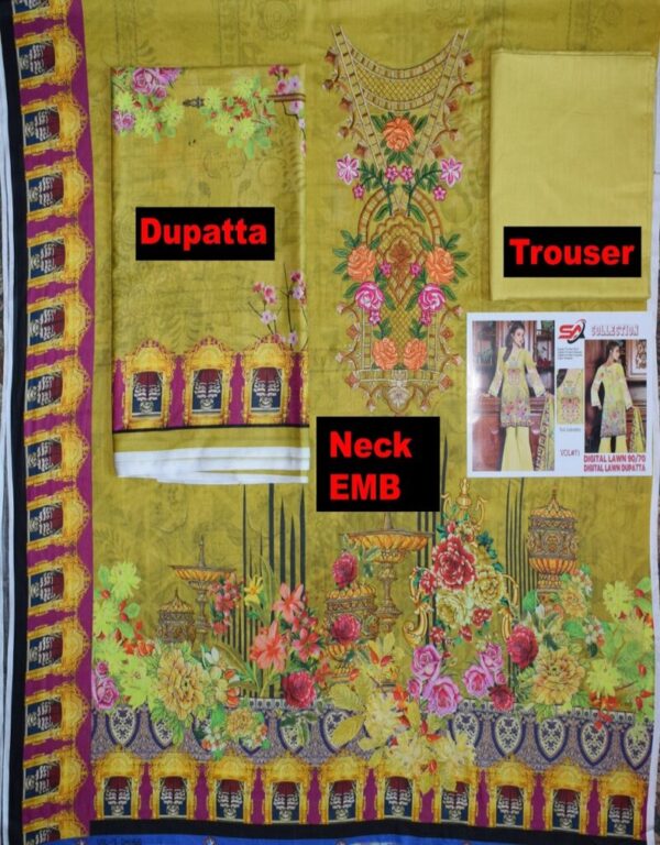 Digital Print 3 pcs Ladies Summar Collection with Neck Embroidery and Lawn Dupatta