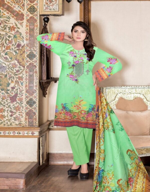 Digital Print 3 pcs Ladies Summar Collection with Neck Embroidery and Lawn Dupatta