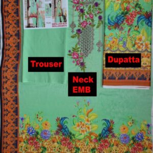 Digital Print 3 pcs Ladies Summar Collection with Neck Embroidery and Lawn Dupatta