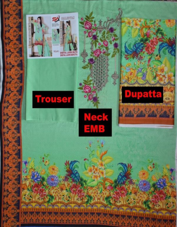 Digital Print 3 pcs Ladies Summar Collection with Neck Embroidery and Lawn Dupatta